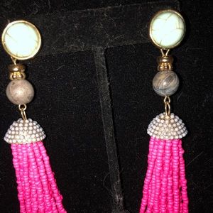 Hot pink beaded tassel earrings with turquoise